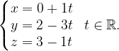 \dpi{120} \left\{\begin{matrix} x=0+1t\\ y= 2 -3t\\ z=3 -1t \end{matrix}\right.\; \; t\in \mathbb{R}.